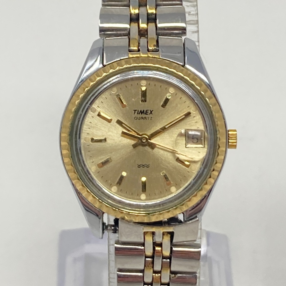 Vtg Timex Watch Women 25mm Silver Gold Two Tone Date Bubble WR New Battery 6.25"